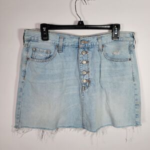 Aero High Rise Denim Mini Skirt Women's 12 Blue Button Fly Frayed Hem 5-Pocket